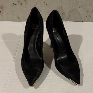 Truth or Dare by Madonna Gold Accented Black Calf Hair Pointed Toe Pumps-SZ 9.5